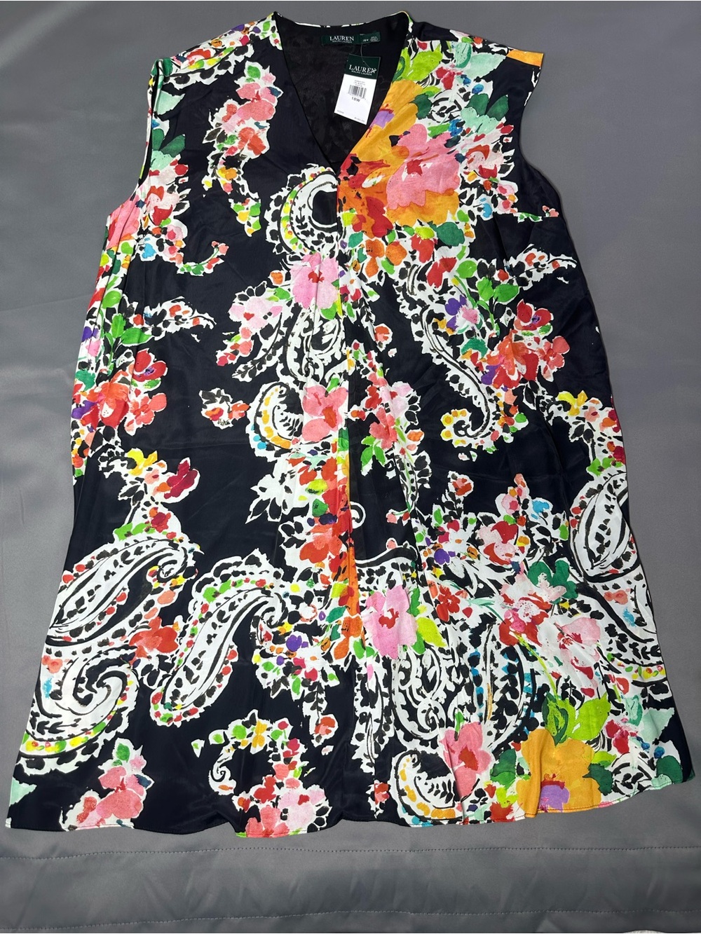 Lauren Ralph Lauren Black Floral Paisley A-Line Dress V-Neck Plus Size 18